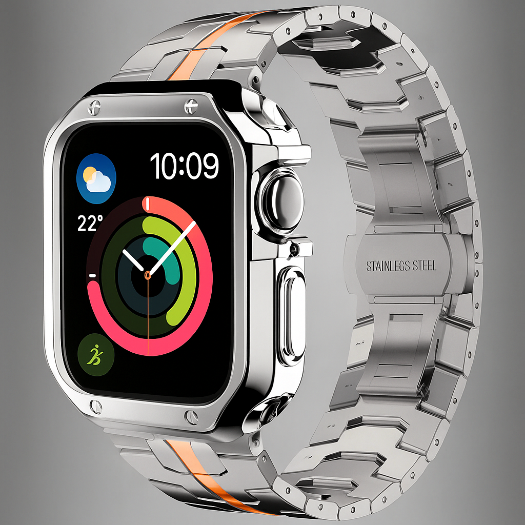 Apple Watch Metal Link Band & Case Set — Adjustable, Butterfly Clasp