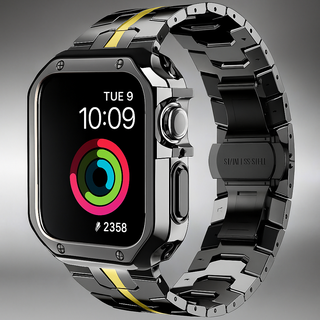 Metalrem i titanlook med led og pansercover til Apple Watch
