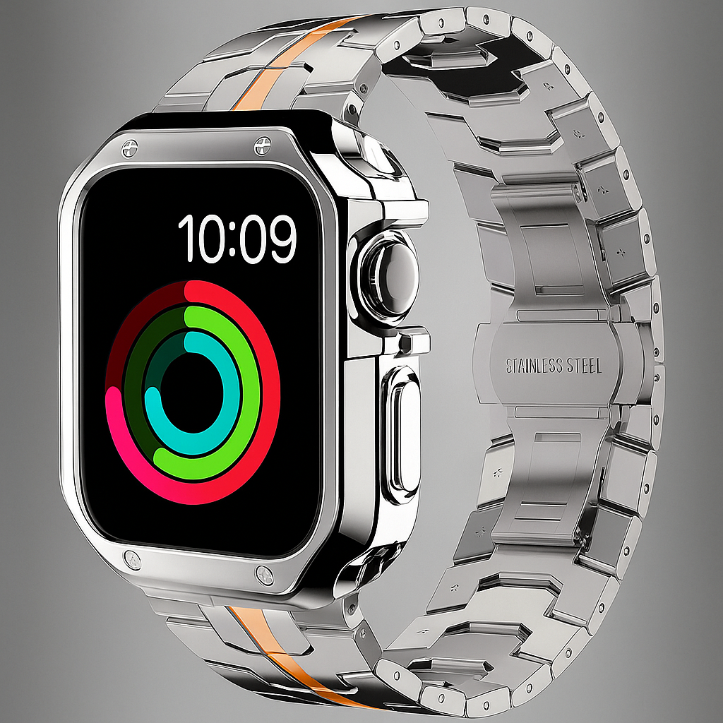 Set brățară cu zale metalice și husă bumper de protecție pentru Apple Watch