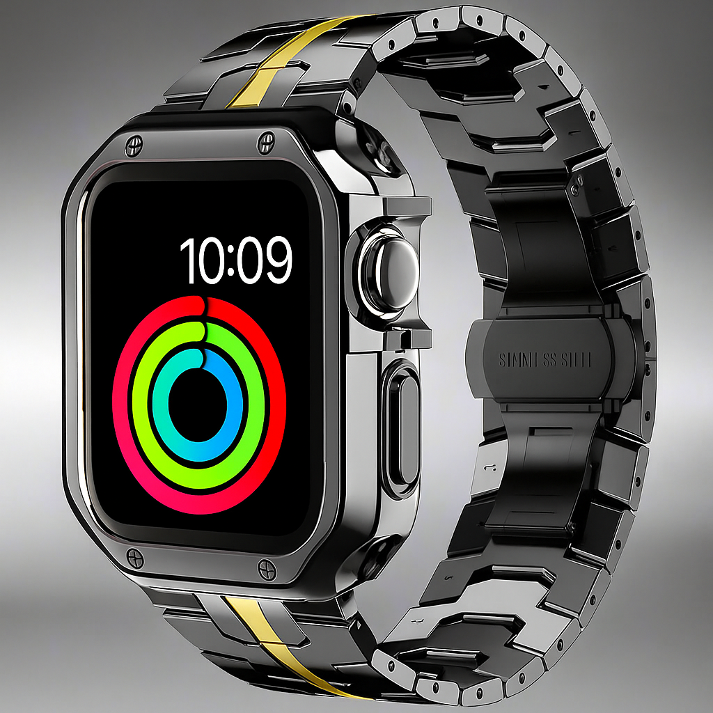 Set brățară cu zale metalice și husă bumper de protecție pentru Apple Watch