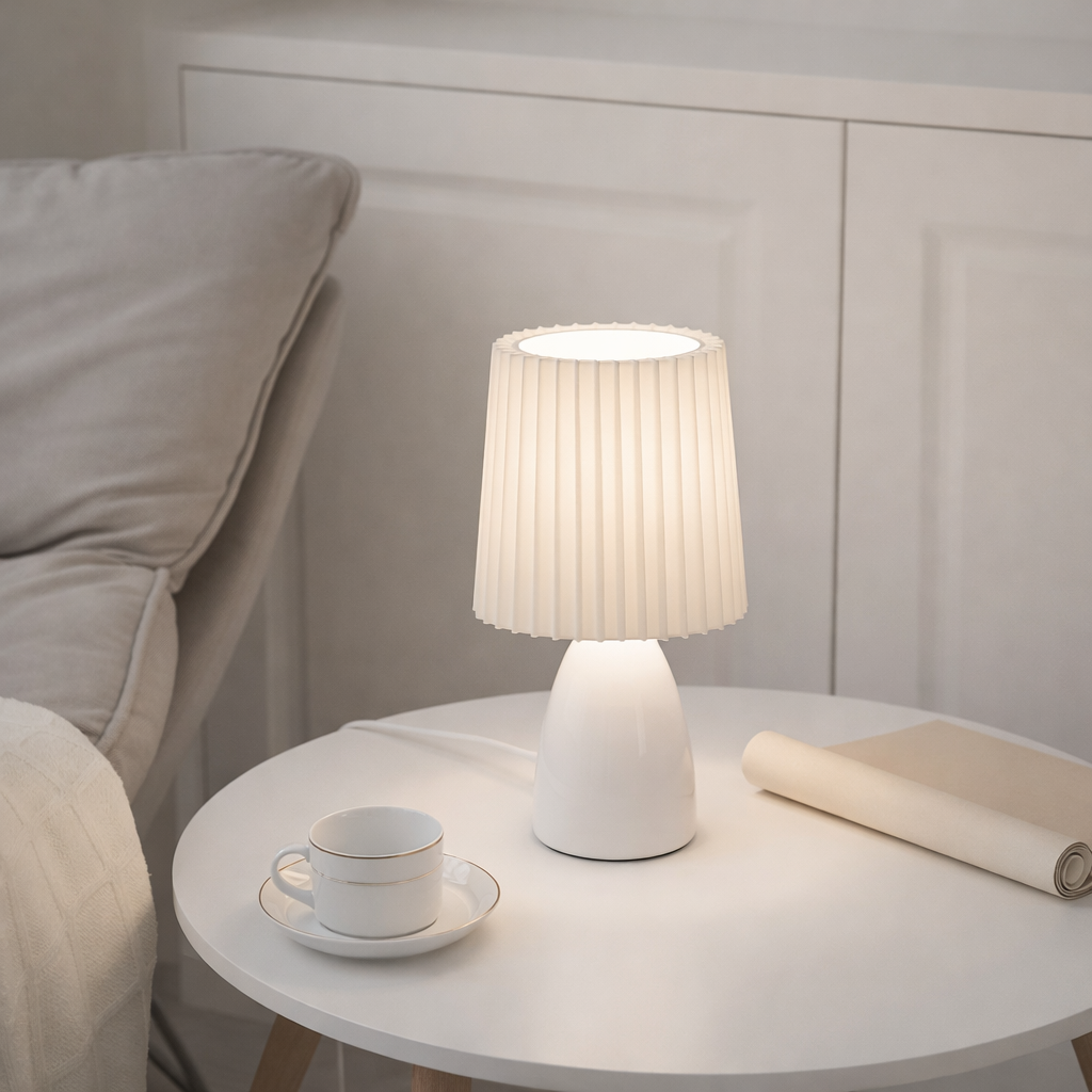 Tischlampe mit Glasfuß und plissiertem Stoffschirm, 12,2 Zoll, Stecker für Innenbeleuchtung | Euroselle