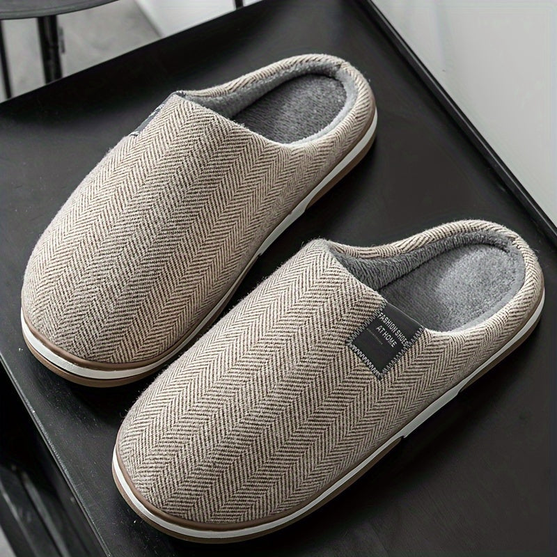 Men's Plush Herringbone Slippers — Warm Non-Slip House Shoes