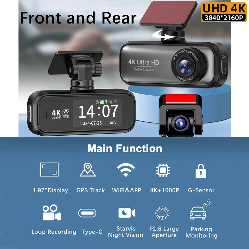4K Dual-Lens Car Camera — WiFi, GPS, Front & Rear Recording