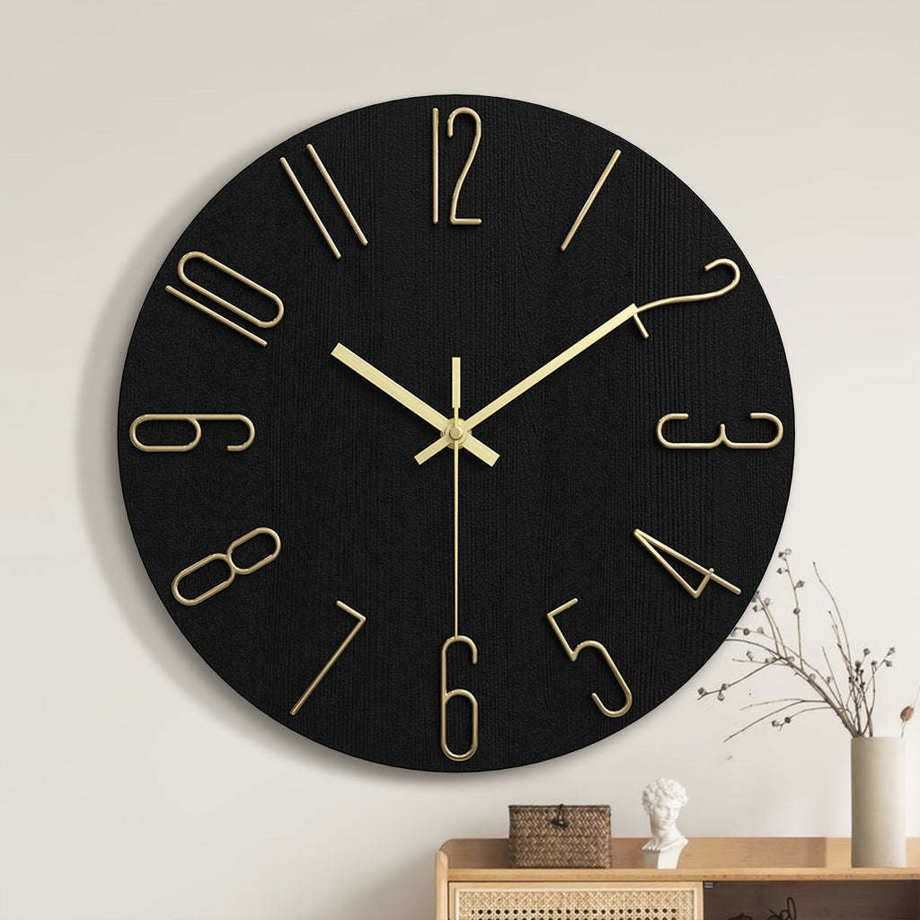Modern Minimalist Round Wall Clock Rimless Design Black & Gold - Euroselle