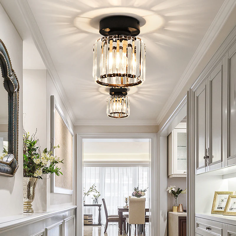 Black Gold Crystal Flush Mount Light Fixture — E27 Socket