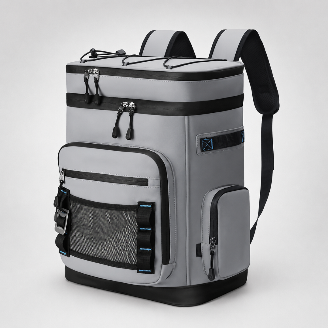 Nevera térmica tipo mochila — Dos compartimentos, bolsillos para botellas
