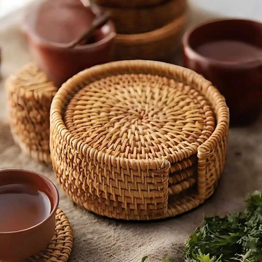 Set di 6 sottobicchieri intrecciati con supporto — Finitura in bambù naturale