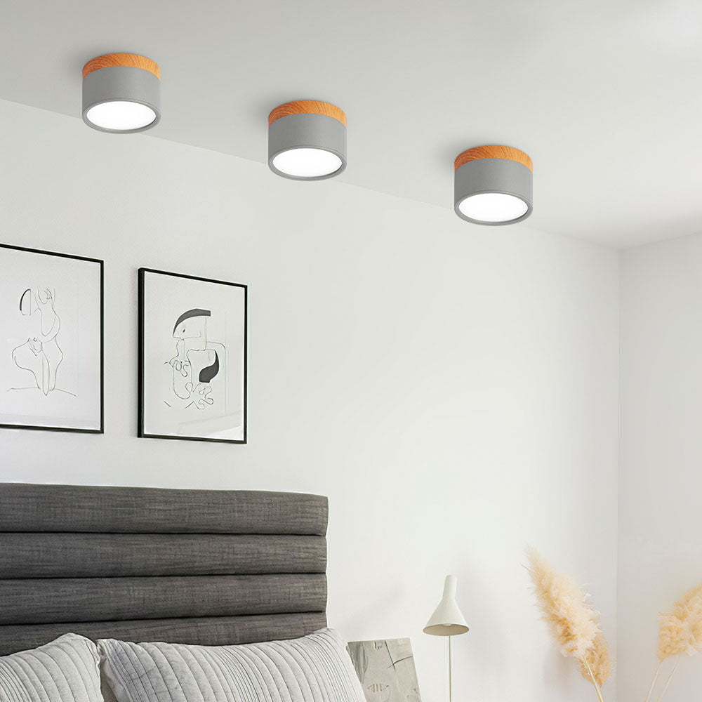 Okrągła przylegająca do sufitu oprawa LED, drewniane detale, aluminium, 5 W lub 7 W, do przedpokoju, sypialni, kuchni i korytarza, nowoczesna, minimalistyczna lampa sufitowa w stylu skandynawskim