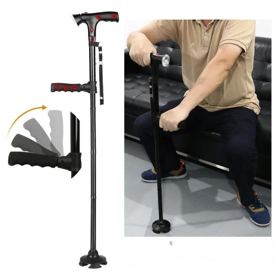 Baston de mers pliabil, cu bază cvadripod — lumină LED, alarmă și mâner în T