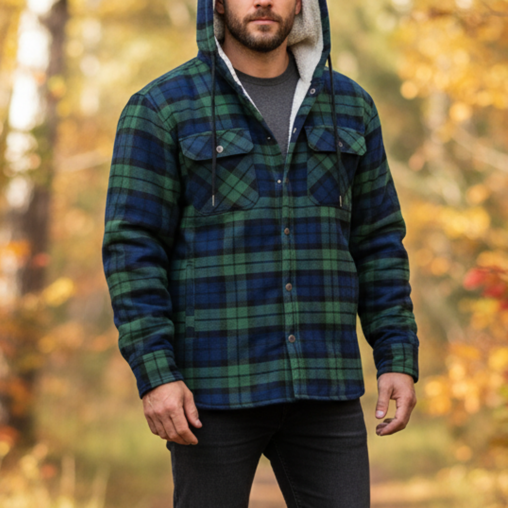 Men’s Hooded Flannel Shacket — Quilted Thermal Lining, Button-Up