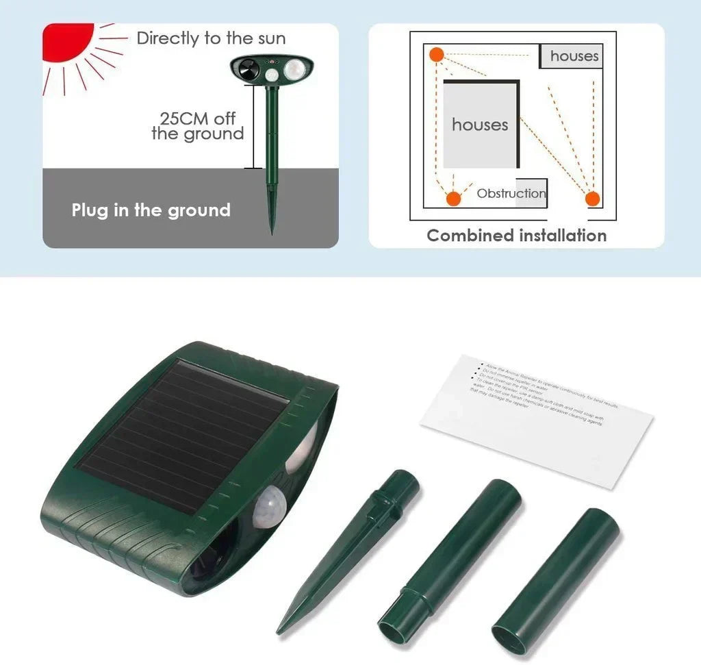 Solar Ultrasonic Wildlife Deterrent — 30 ft Motion Strobe Light