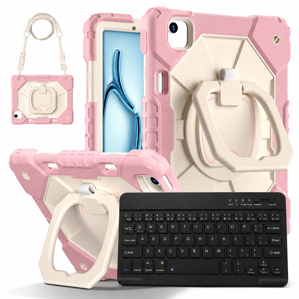 iPad-coverkit - 3-lags beskyttelse, greb, støttefod, rem & tastatur
