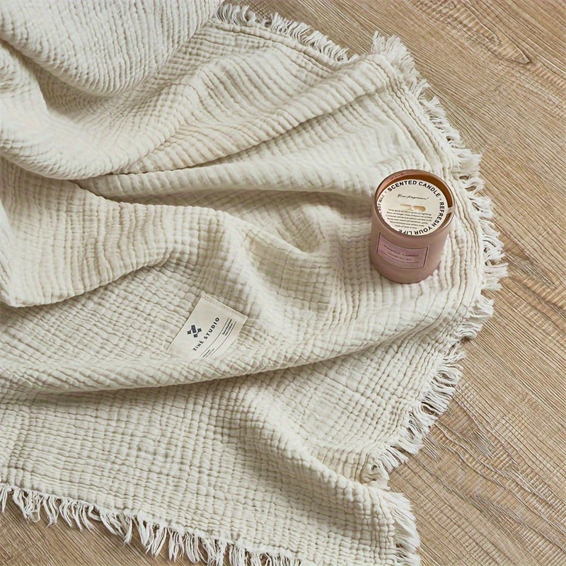 Lightweight 4-Layer Cotton Gauze Blanket with Elegant Fringe - Euroselle