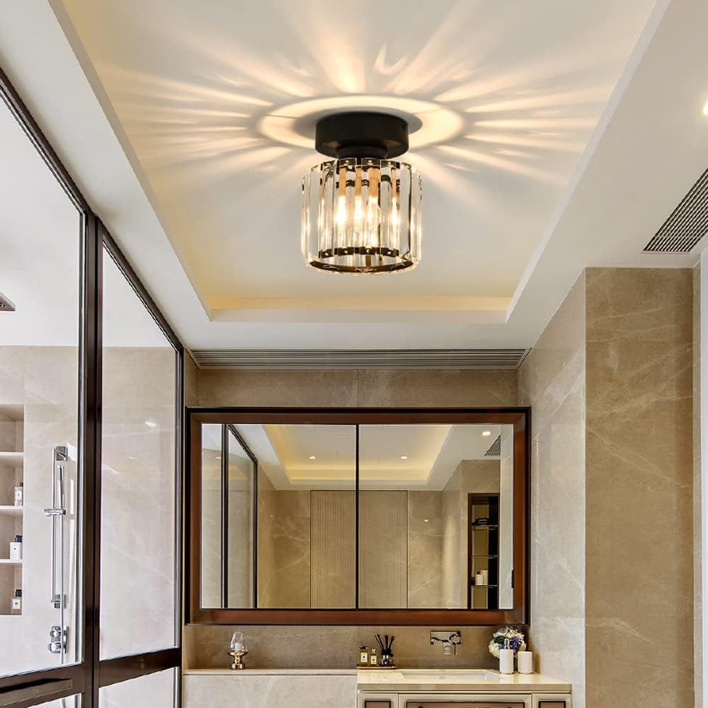 Black Gold Crystal Flush Mount Light Fixture — E27 Socket