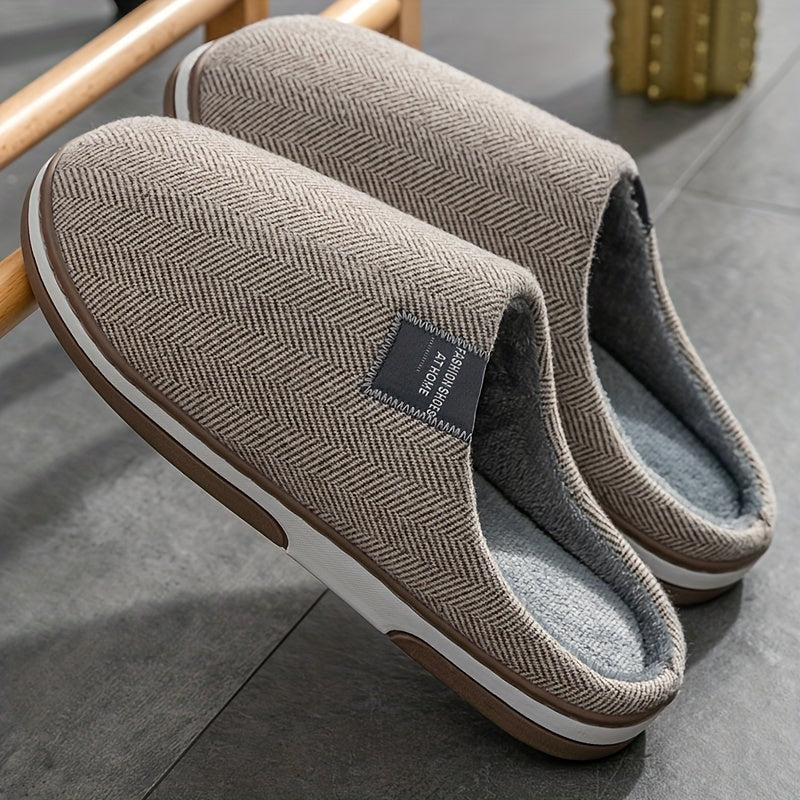 Men's Plush Herringbone Slippers — Warm Non-Slip House Shoes