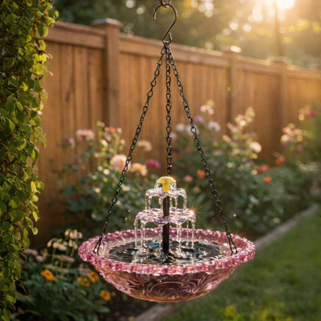 Solar Hanging Bird Bath Fountain — Two-Tier Cordless Water Feature