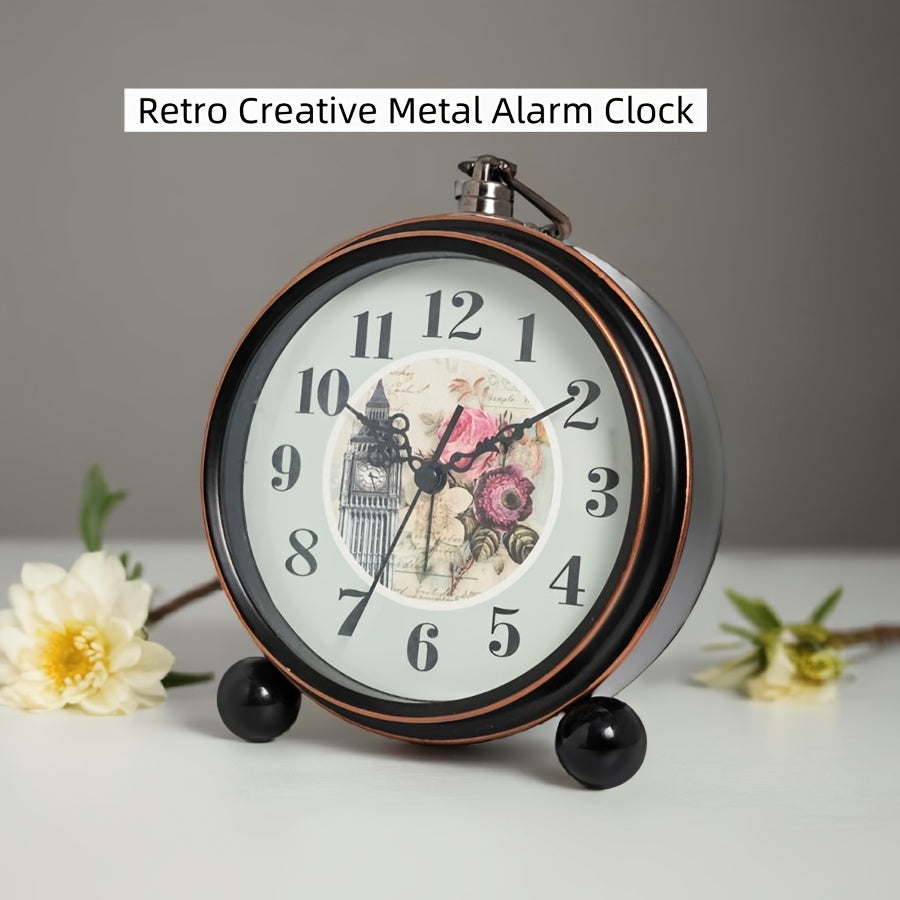 European Vintage Metal Bedside Alarm Clock Silent Analog Large Display - Euroselle