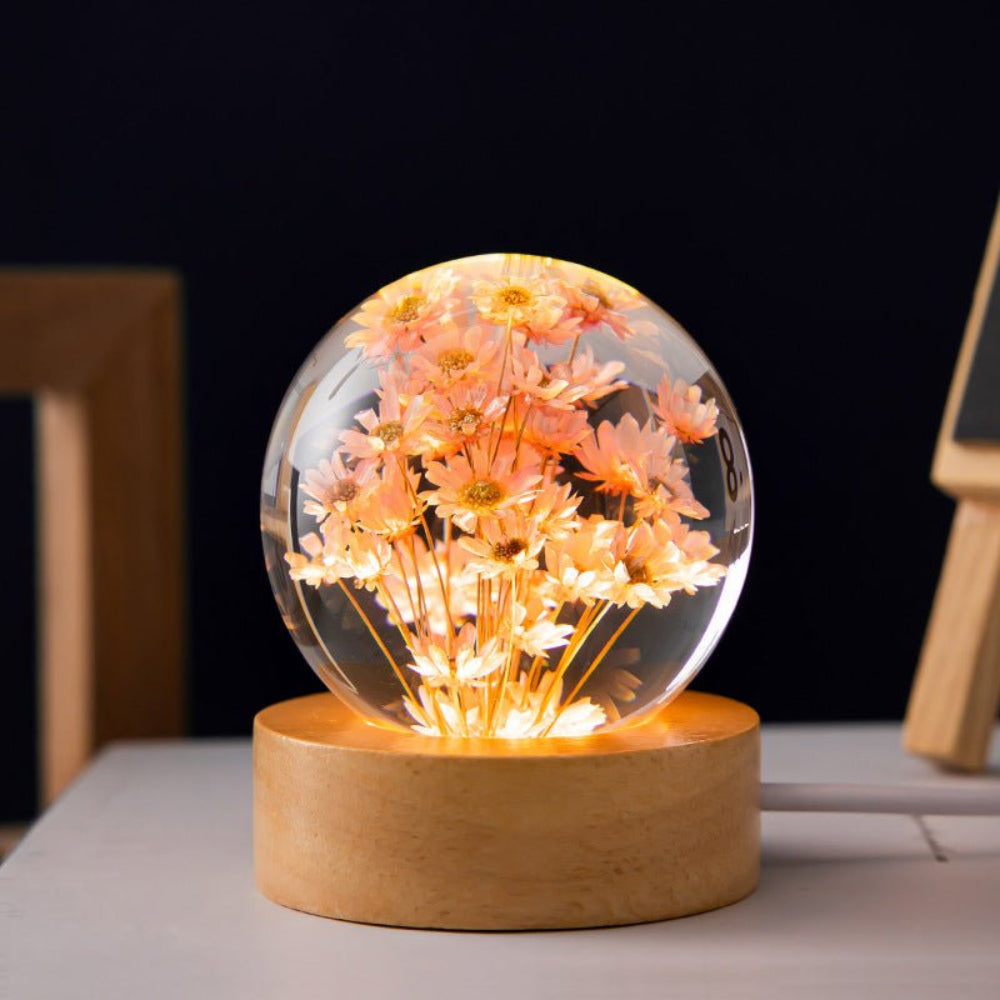 3D Crystal Flower LED Night Light – Decorative USB Powered Night Lamp with Real Bloom in Clear Crystal Sphere | Euroselle