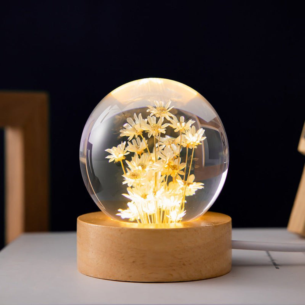 3D Crystal Flower LED Night Light – Decorative USB Powered Night Lamp with Real Bloom in Clear Crystal Sphere | Euroselle