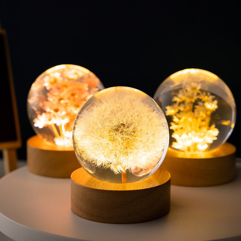 3D Crystal Flower LED Night Light – Decorative USB Powered Night Lamp with Real Bloom in Clear Crystal Sphere | Euroselle