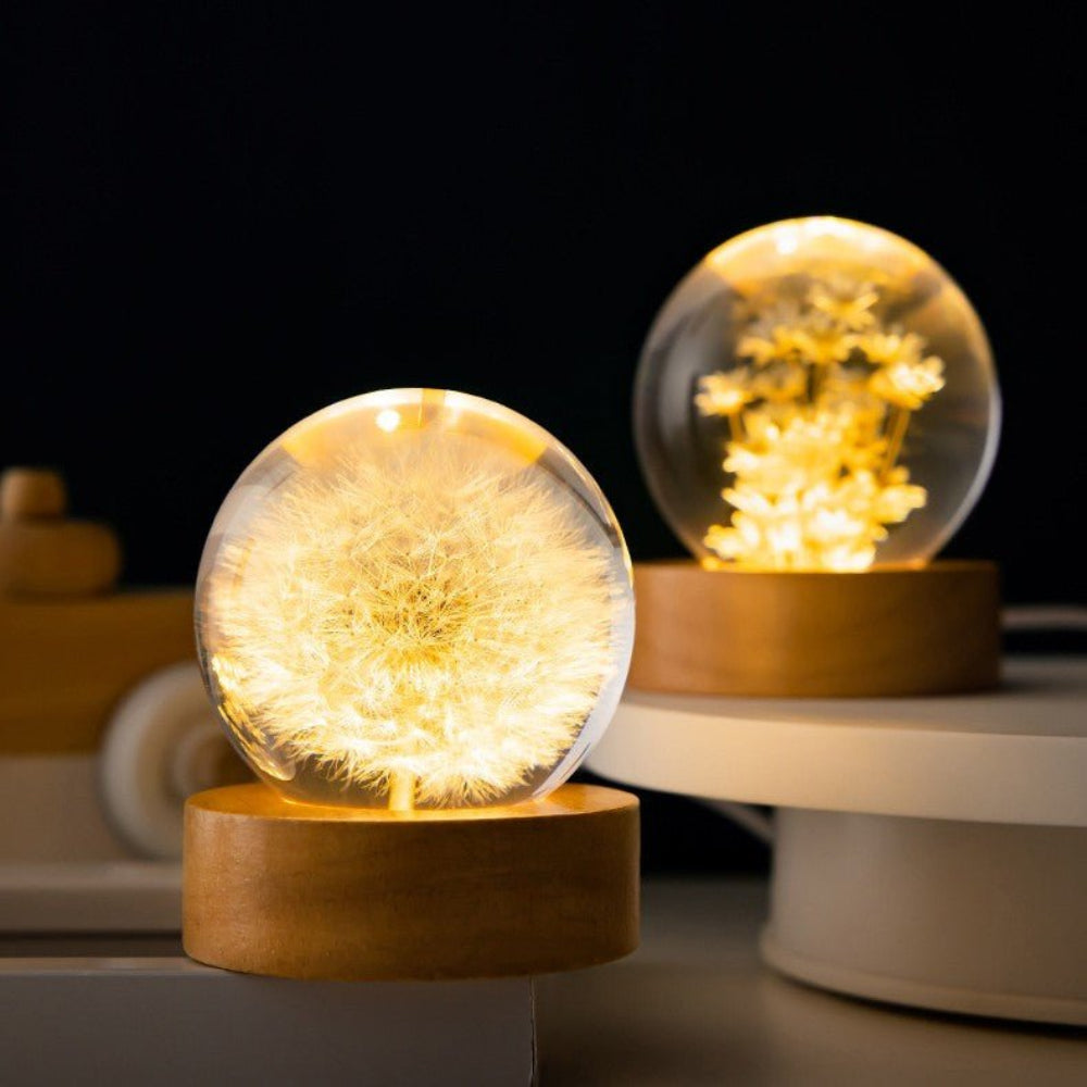 3D Crystal Flower LED Night Light – Decorative USB Powered Night Lamp with Real Bloom in Clear Crystal Sphere | Euroselle