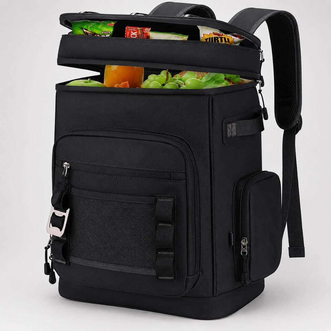 Nevera térmica tipo mochila — Dos compartimentos, bolsillos para botellas