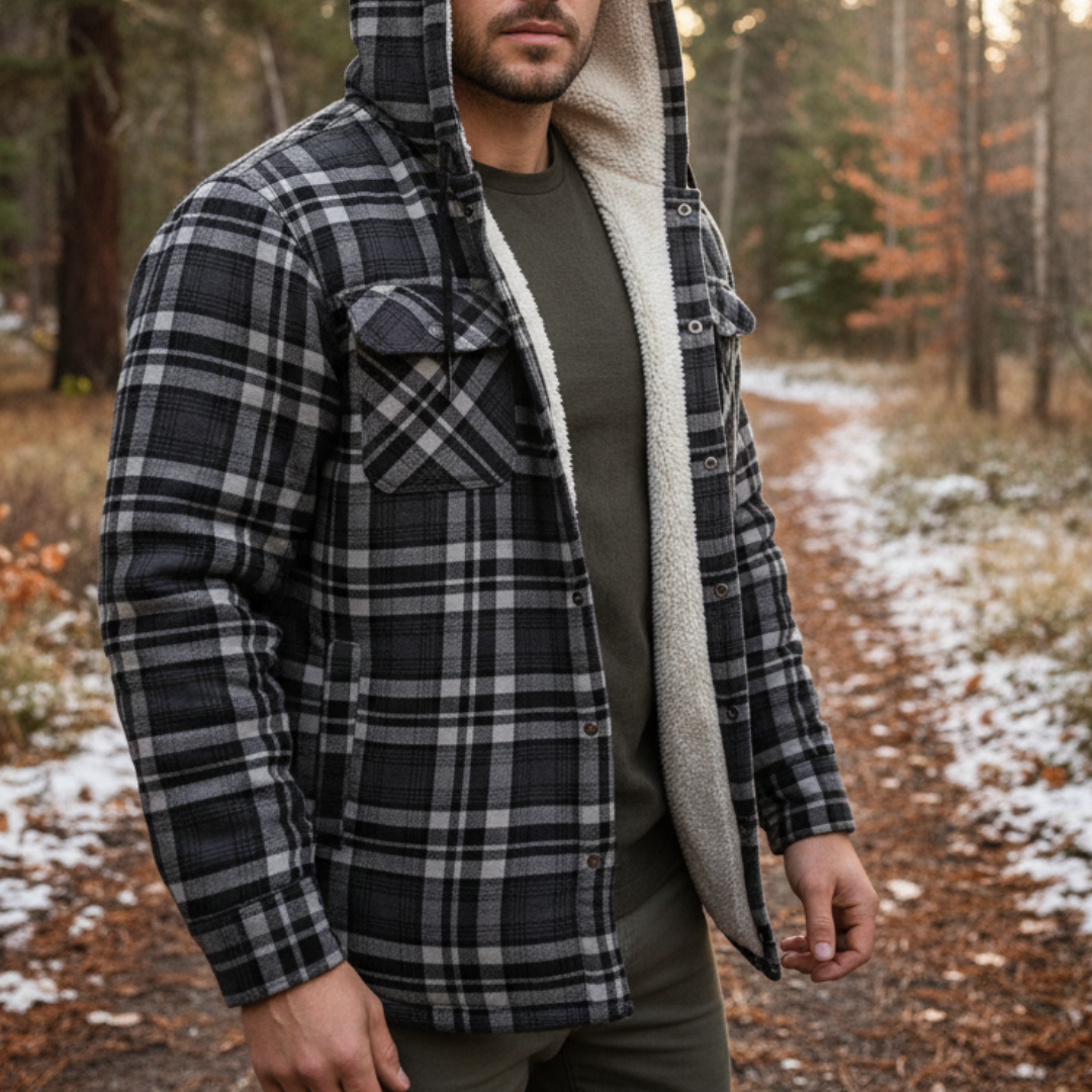 Men’s Hooded Flannel Shacket — Quilted Thermal Lining, Button-Up