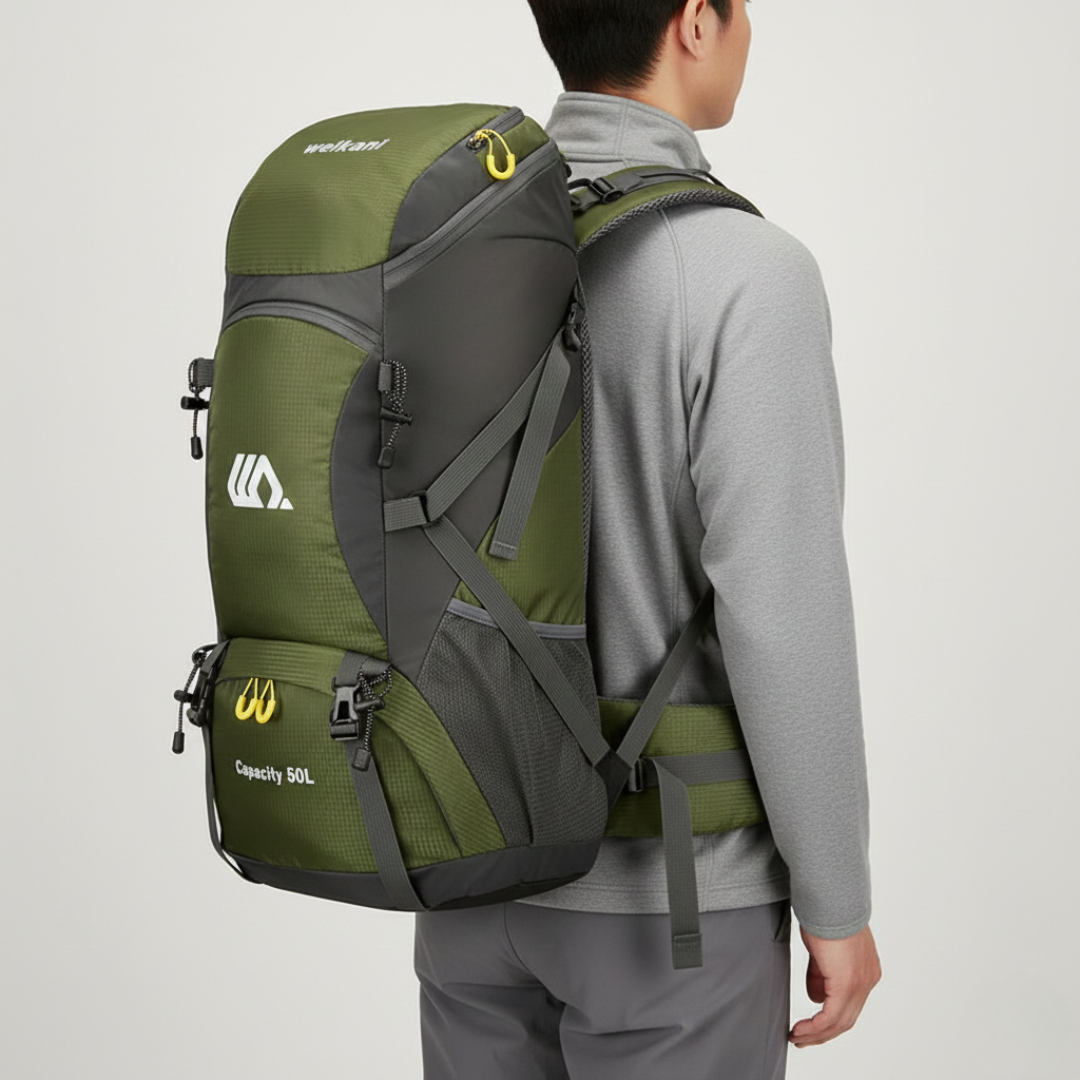 50L Hiking Backpack — Shoe Compartment, Padded Straps & Hip Belt