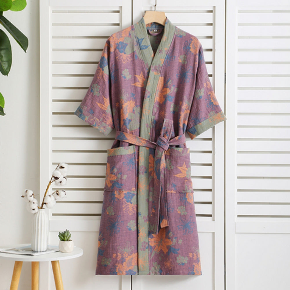 Women's Lightweight Cotton Gauze Robe — Double-Layer Vintage Print