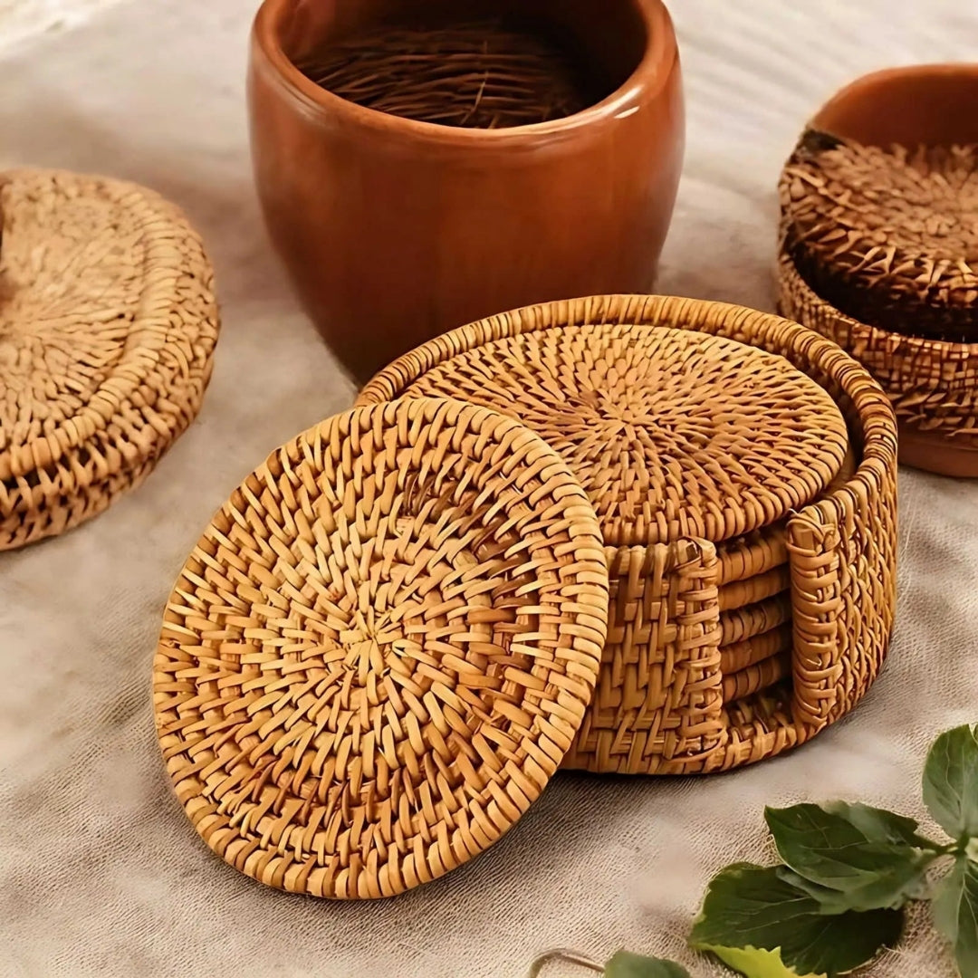 Set di 6 sottobicchieri intrecciati con supporto — Finitura in bambù naturale