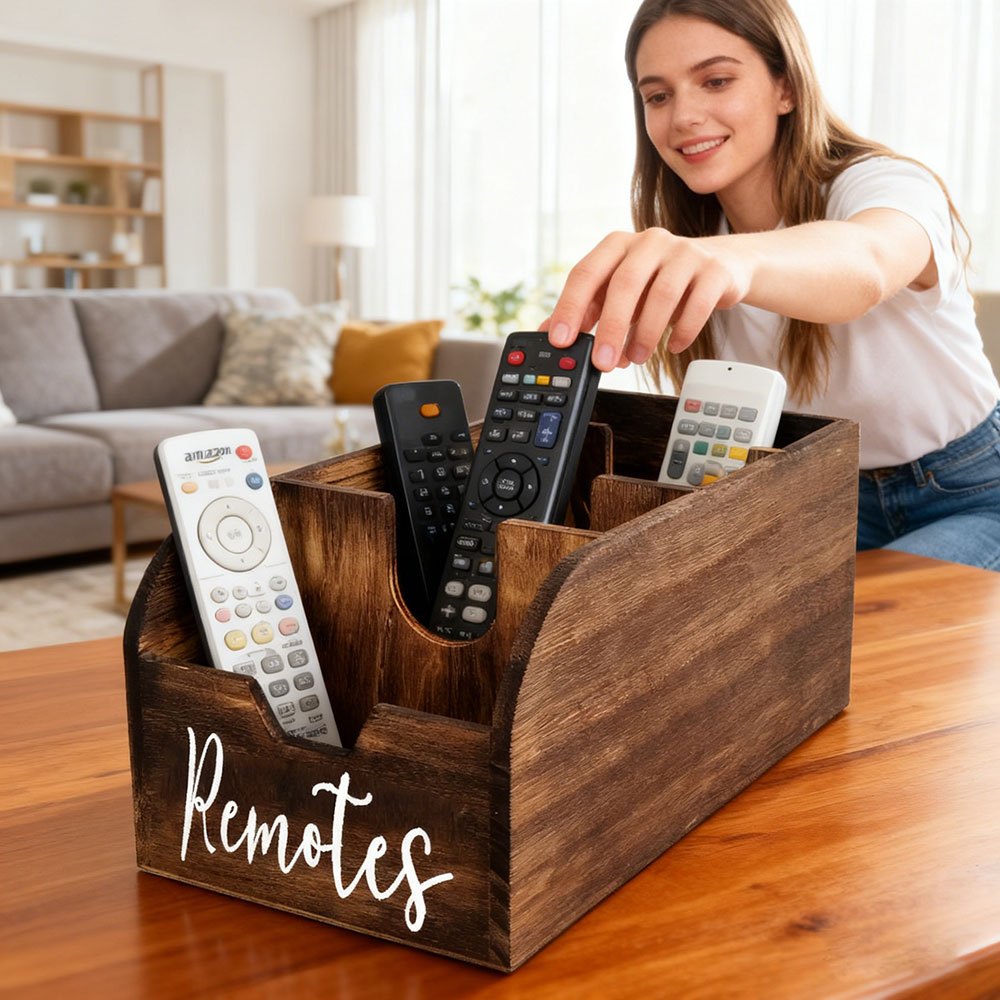 4-Compartment Wooden Remote Organizer Box | No Electricity Needed - Euroselle