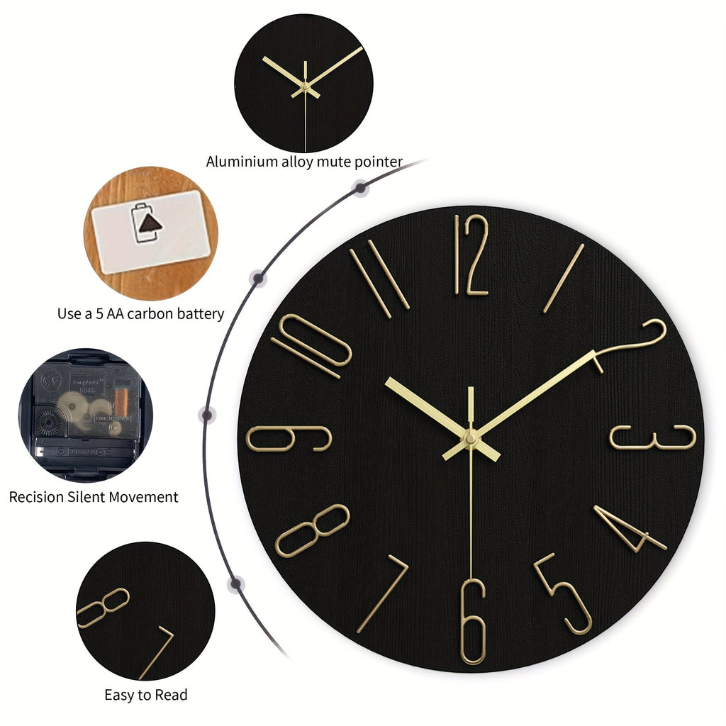 Modern Minimalist Round Wall Clock Rimless Design Black & Gold - Euroselle