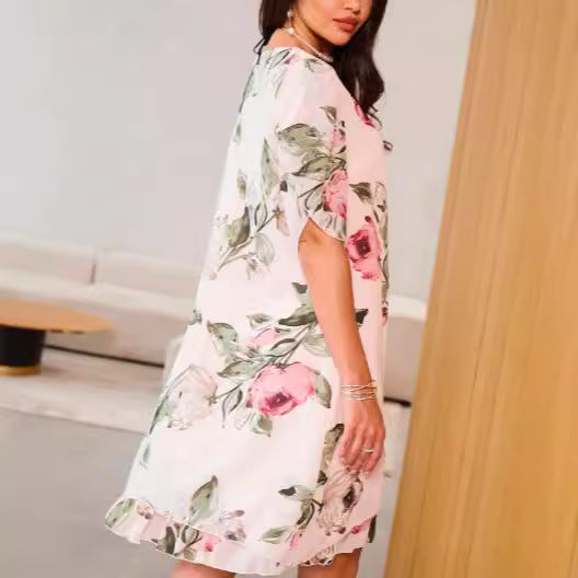 Robe imprimée en chiffon premium à col rond loose pour femmes