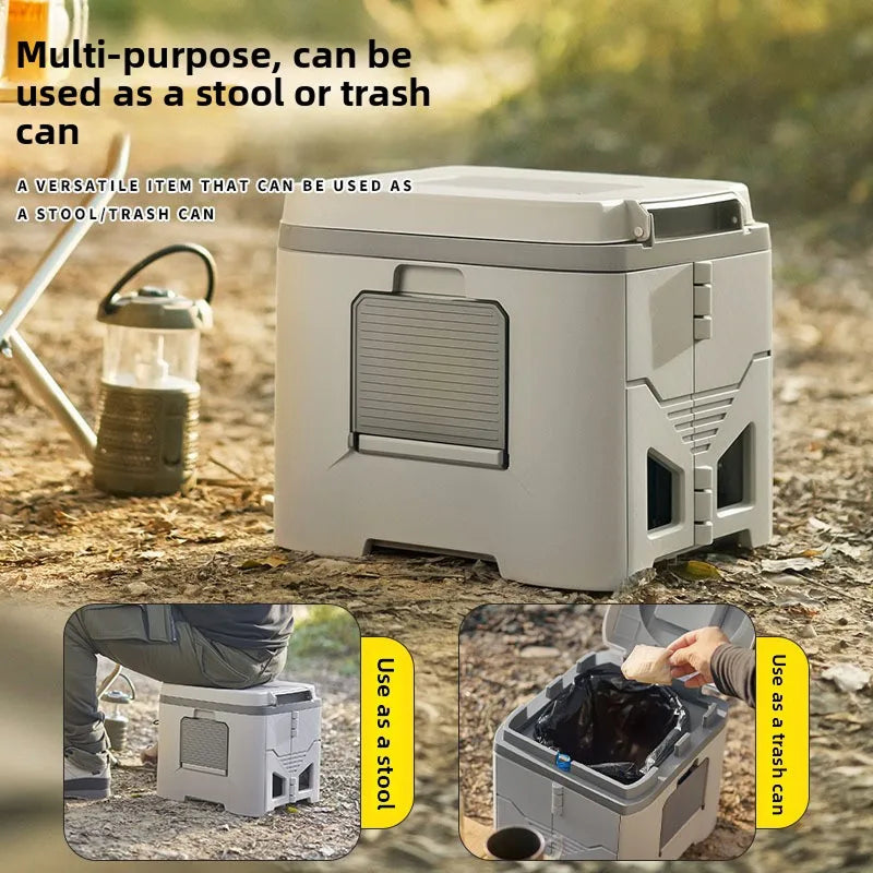 Zusammenklappbare Campingtoilette — Klappsitz, Beutelspender, Stabilisator