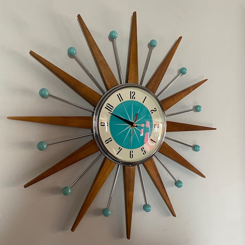 Ceas de perete Sunburst, lucrat manual, de 16 inchi — silențios, alimentat cu baterie