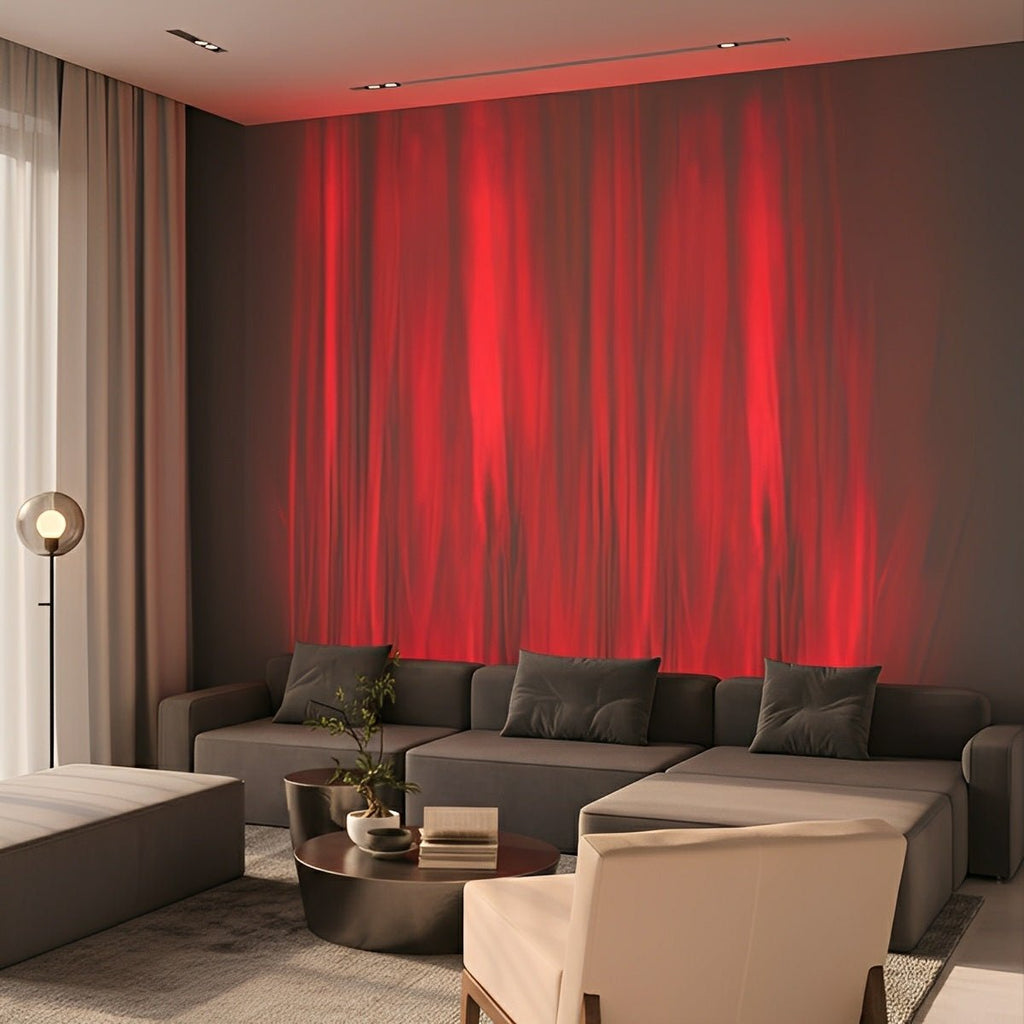 Animert LED-vegglampe, 39 in, aluminium, med flamme- og vanneffekter, RGBW-fargeskift, fjernkontroll, til stue, soverom, bar eller hotell, moderne