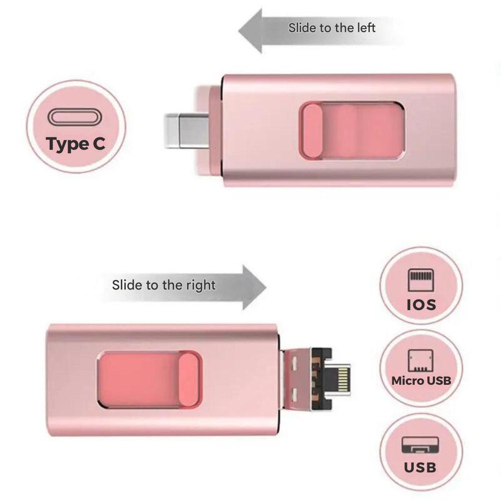 محرك أقراص فلاش بأربعة موصلات — USB-C وLightning وMicro-USB وUSB