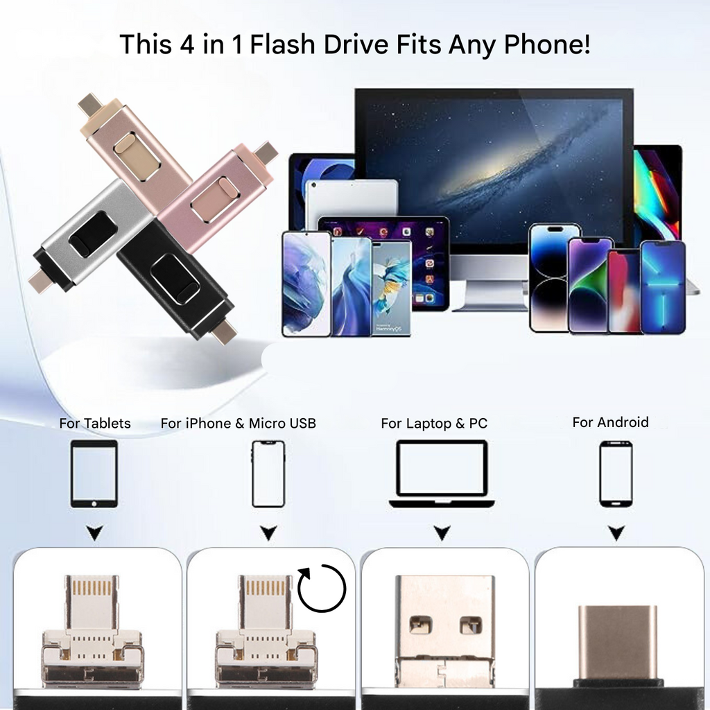 محرك أقراص فلاش بأربعة موصلات — USB-C وLightning وMicro-USB وUSB