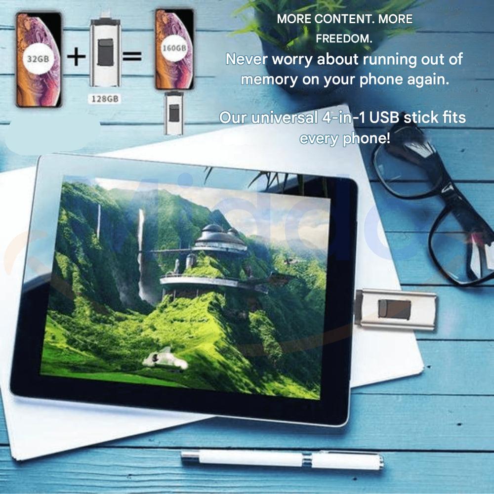 محرك أقراص فلاش بأربعة موصلات — USB-C وLightning وMicro-USB وUSB