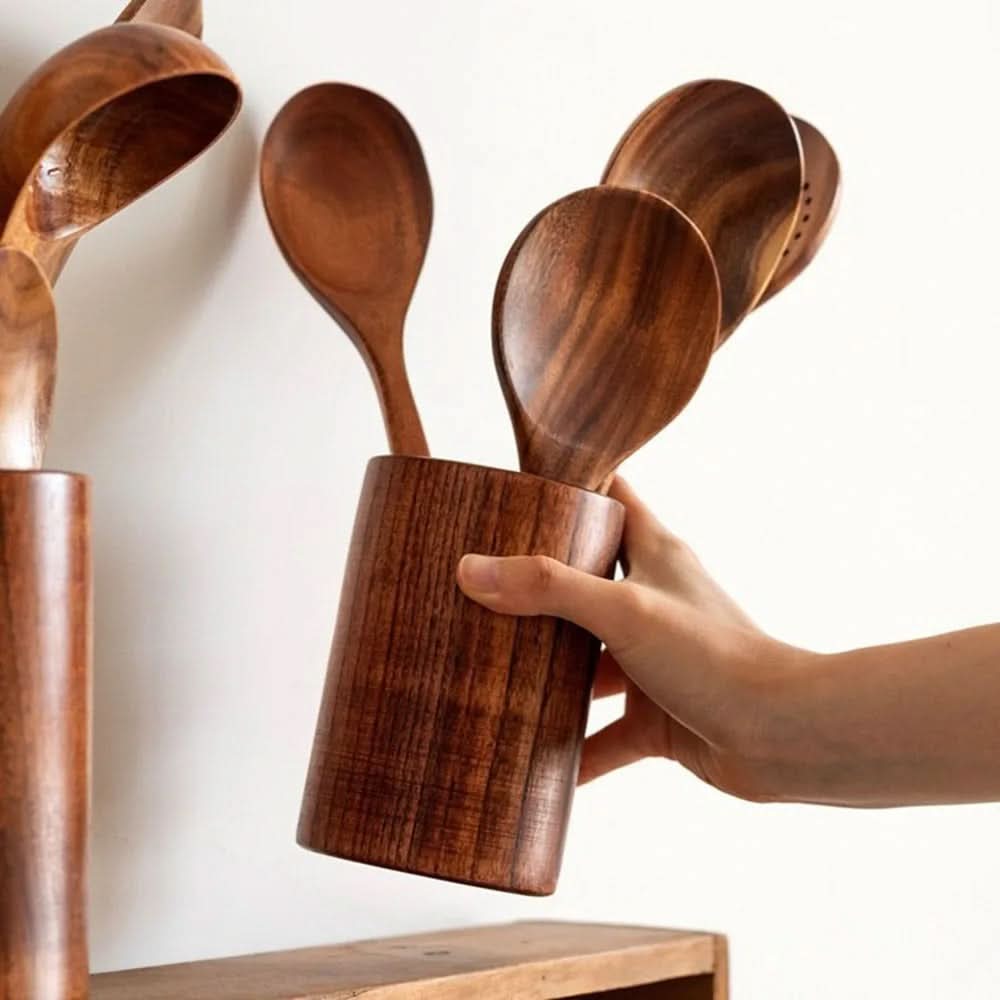 10-Piece Natural Teak Kitchen Utensil Set — Non-Scratch Design
