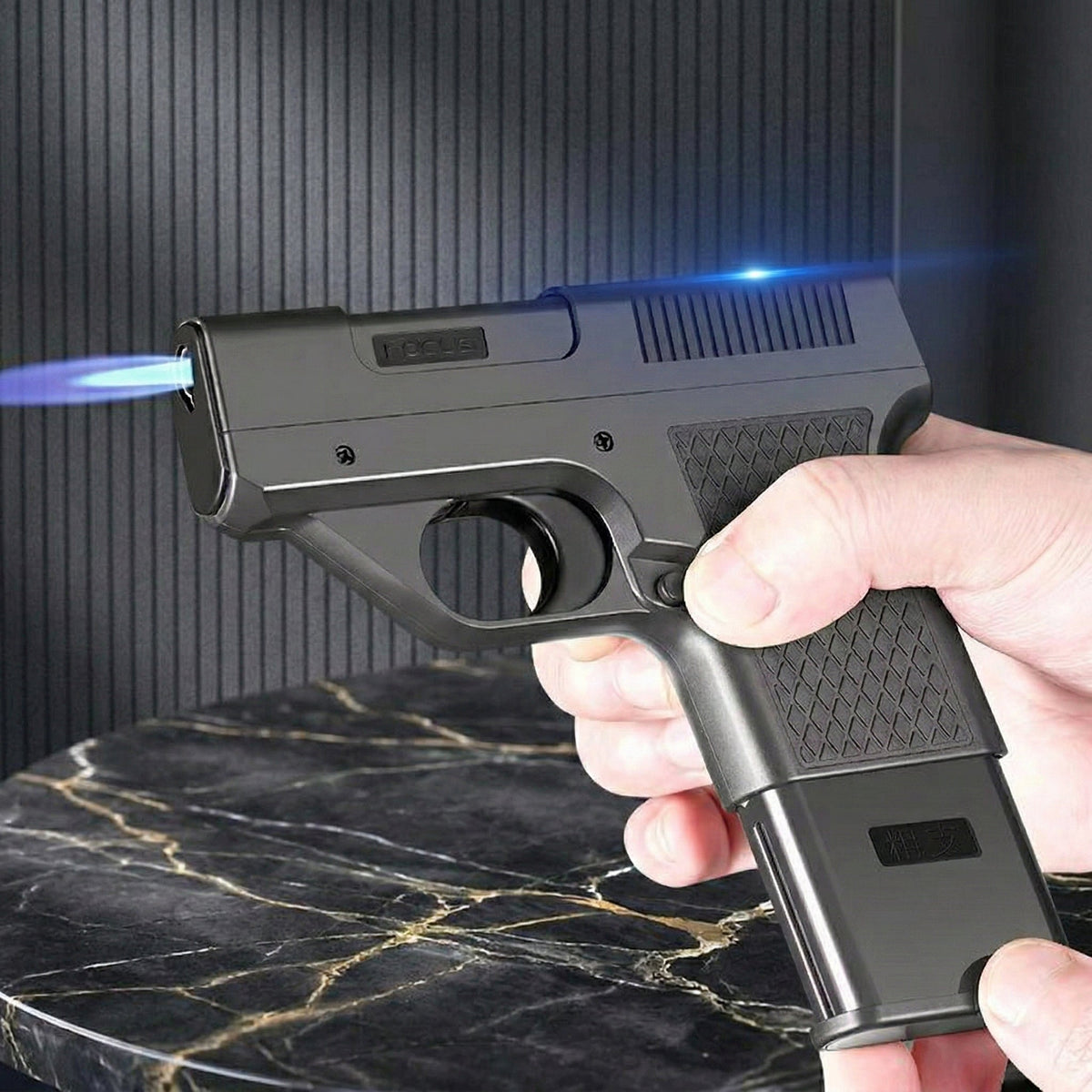 Stormsikker butangaslighter formet som en pistol — genopfyldelig, skjult rum