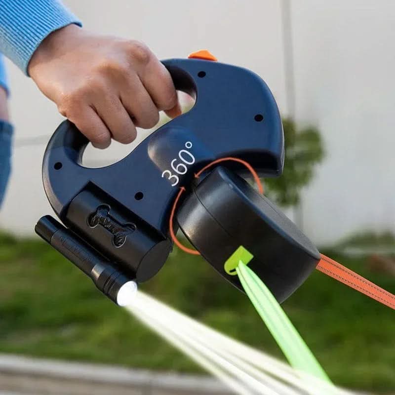 مقود أزور بريميوم المزدوج للكلاب - أحزمة منقسمة بطول 3m، وإضاءة LED، وموزع أكياس مدمج