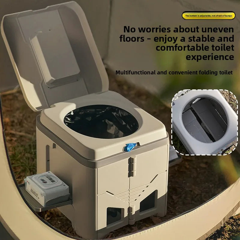 Zusammenklappbare Campingtoilette — Klappsitz, Beutelspender, Stabilisator