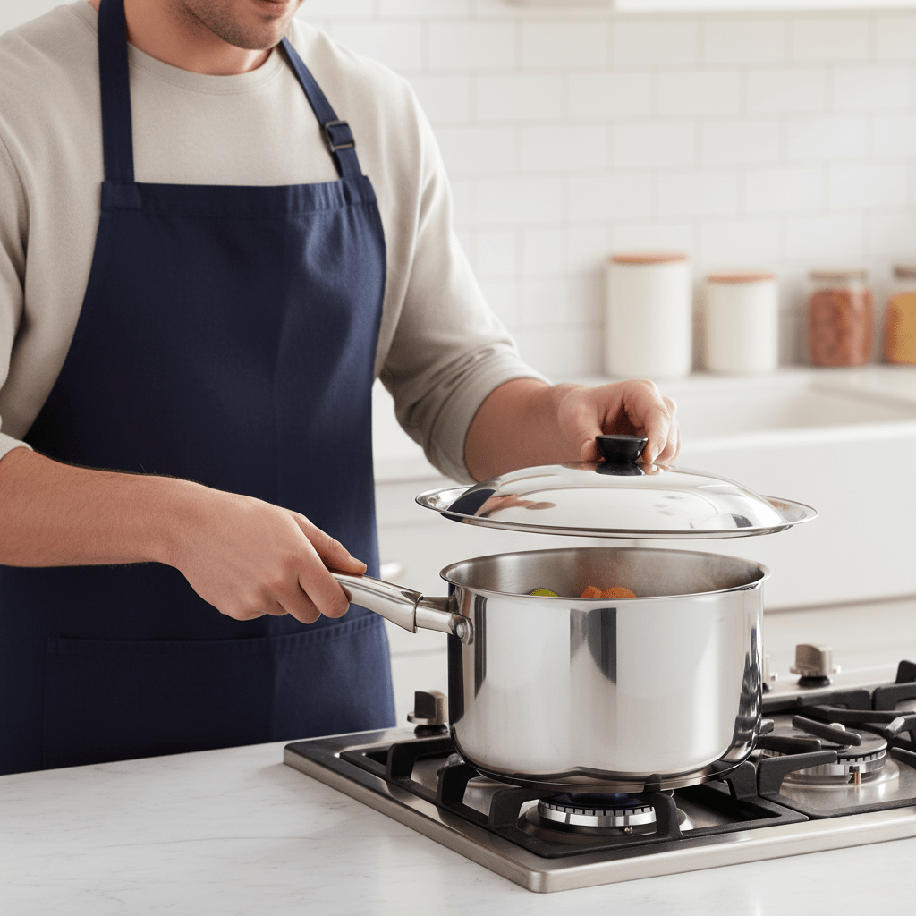 NovaCover Universal Stainless Steel Lid — lämmönkestävä tartuntakahva, sopii erikokoisiin wok-pannuihin ja paistinpannuihin