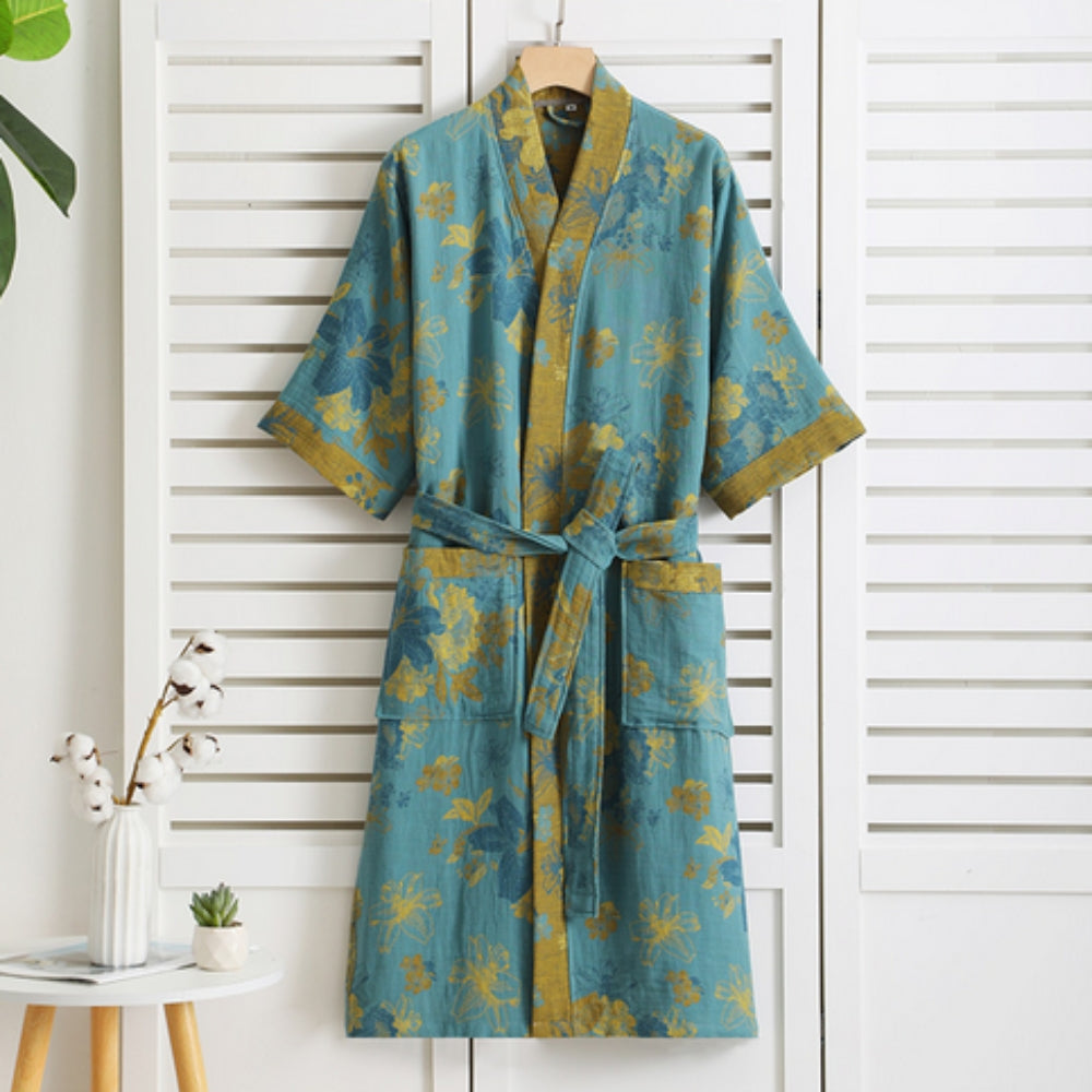 Women's Lightweight Cotton Gauze Robe — Double-Layer Vintage Print