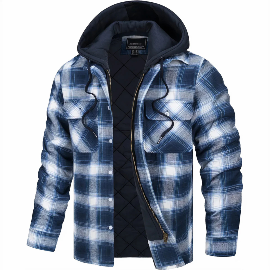 Men's Quilted Plaid Flannel Shirt Jacket — Removable Hood, Button-Zip