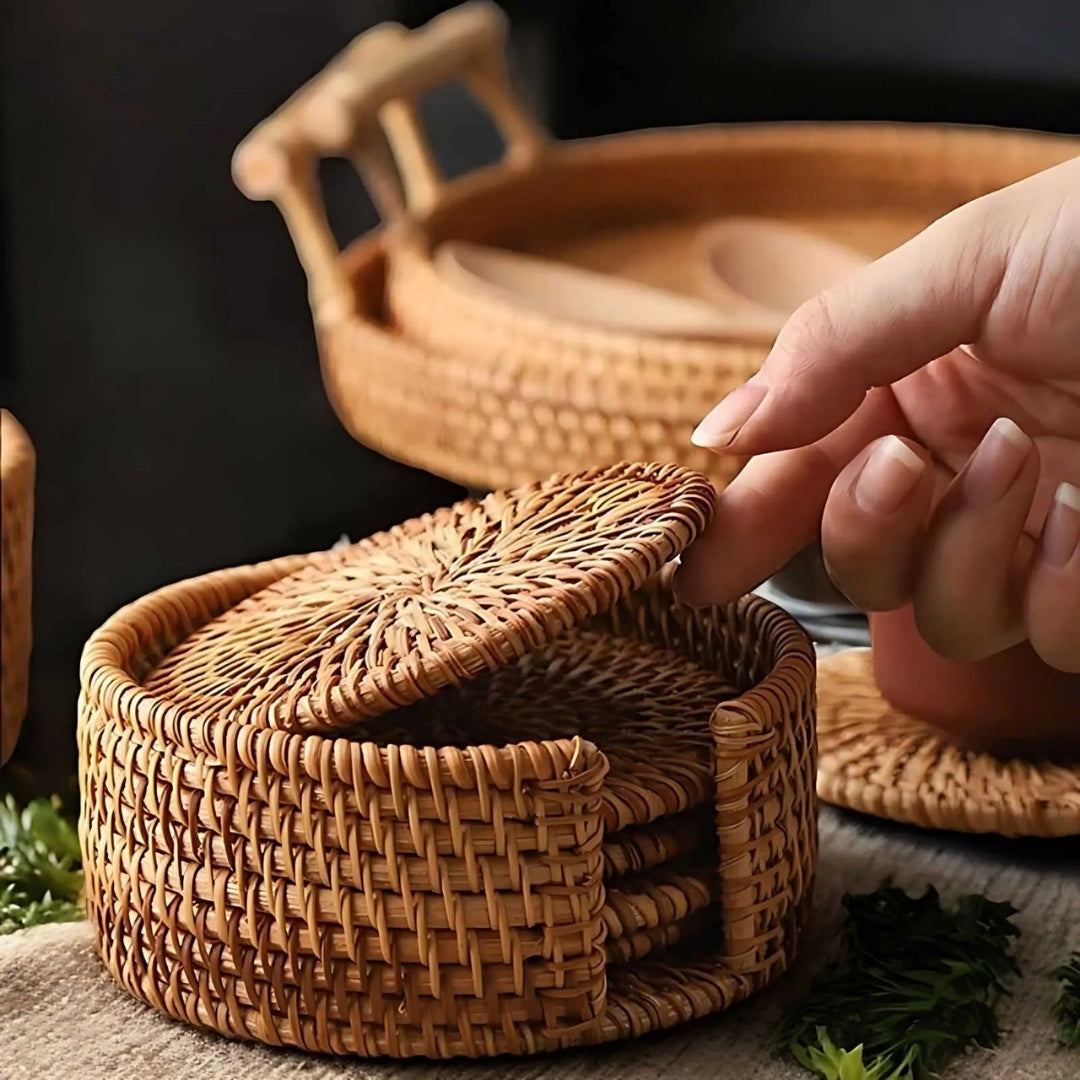 Set di 6 sottobicchieri intrecciati con supporto — Finitura in bambù naturale