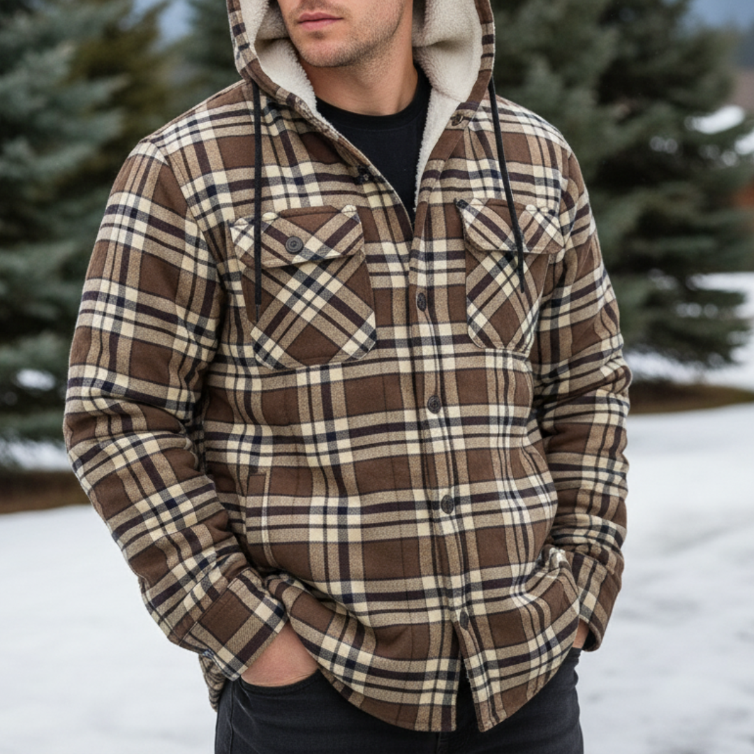 Men’s Hooded Flannel Shacket — Quilted Thermal Lining, Button-Up