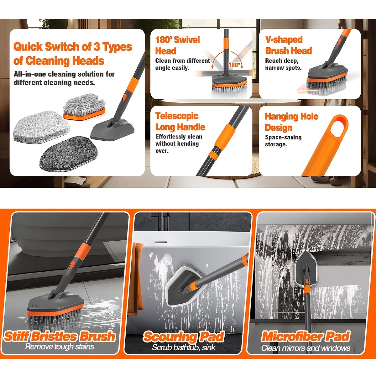 Detachable Bathroom Brush with Dual Bristles, Ideal for Floor & Tile Cleaning - Euroselle