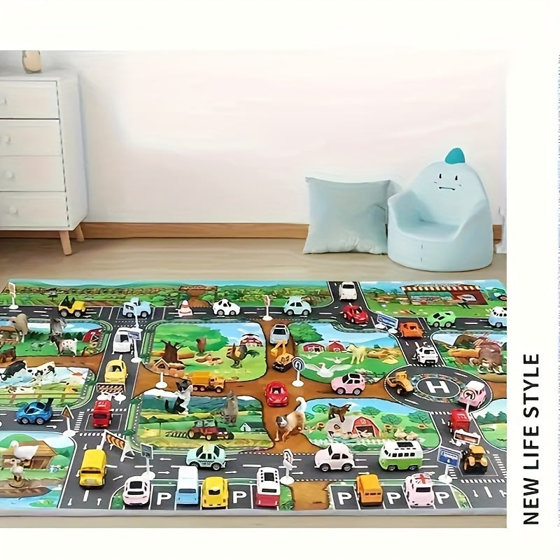 Alfombra de juego infantil con caminos de granja, 39 × 51 pulgadas, alfombrilla tejida antideslizante para juegos de simulación con vehículos de niños pequeños y decoración de habitación infantil
